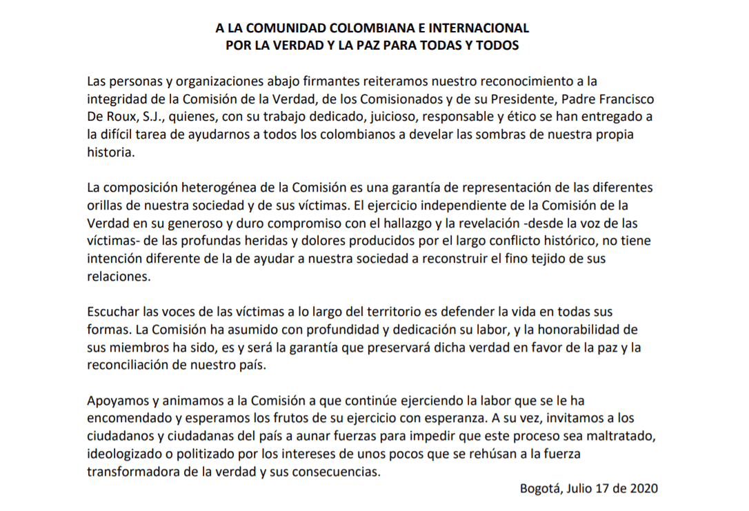 Apoyo masivo a la labor del P. Francisco de Roux y la tarea de la Comisión de la Verdad en Colombia